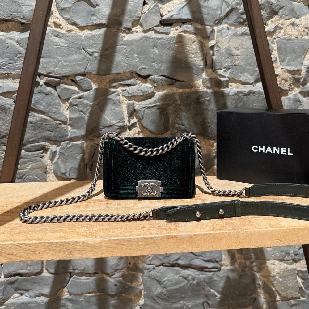 Chanel Forest Green Crushed Velvet Mini Boy Bag